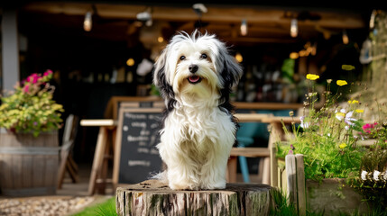 Cute Dog Sitting on Tree Stump at Outdoor Cafe
