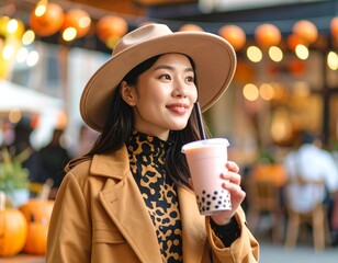 Young Woman in Witch Costume Drinking Bubble Tea in Halloween Caf&eacute;

