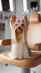 Yorkshire Terrier Sitting on Chair with Pink Bow
