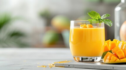 A vibrant mango custard pudding with fresh mango slices and mint.
