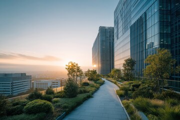 Modern Urban Rooftop Garden With Pathway Surrounded By Lush Greenery At Sunset