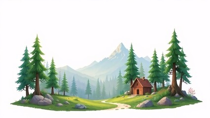 Fototapeta premium A secluded house nestled in a winter forest landscape under a snowy mountain sky