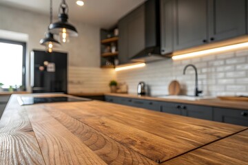 Warm-toned wood kitchen island countertop; modern gray cabinetry, soft lighting, inviting ambiance.