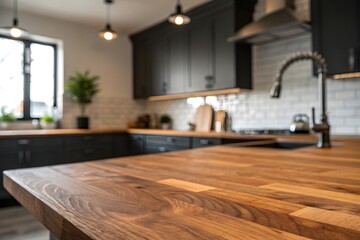 Warm-toned wood kitchen countertop, modern dark cabinetry, soft lighting, inviting atmosphere.