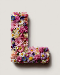 Vibrant mixed flowers artistically arranged forming decorative letter L shape beautifully.
