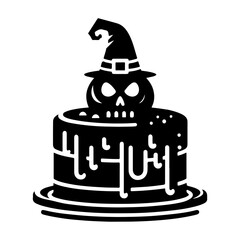 Halloween cake on witch hat silhouette vector.