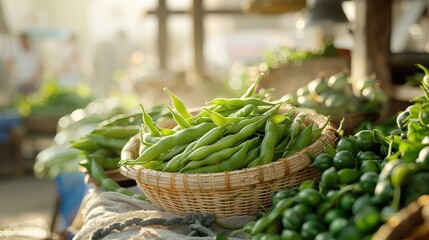 A farmer's market stall overflowing with baskets of freshly picked broad beans.