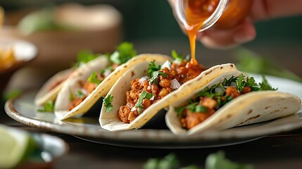 A hand drizzling fiery red hot sauce onto a plate of tacos.