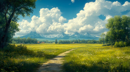 Obraz premium A serene summer landscape painting with a winding path through a vibrant golden meadow, framed by lush green trees, leading towards majestic snow-capped mountains under a bright blue sky filled with 