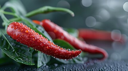 A close-up of a chili pepper with beads of sweat on its skin.