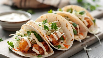 A photorealistic image of a fish taco with crispy beer-battered fish and tartar sauce.