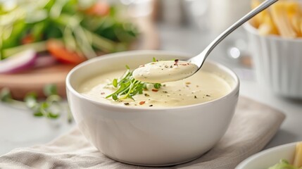 A serving spoon dipped in creamy bechamel sauce.