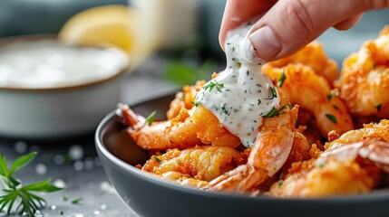 A close-up of a hand dipping a fried shrimp into tartar sauce.