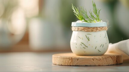 A close-up of a tzatziki sauce jar with a Mediterranean-inspired label.