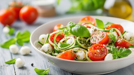  vibrant pesto pasta salad with zucchini noodles, cherry tomatoes, and mozzarella pearls.