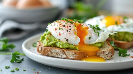 Avocado toast with guacamole, a poached egg, and red pepper flakes.