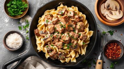 A cast iron skillet filled with creamy mushroom stroganoff over egg noodles.