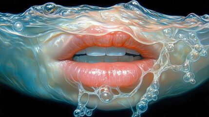 Dynamic close-up of human lips immersed in crystal liquid with effervescent bubbles, conveying a refreshing sensation; ideal for beauty or oral hygiene campaigns.