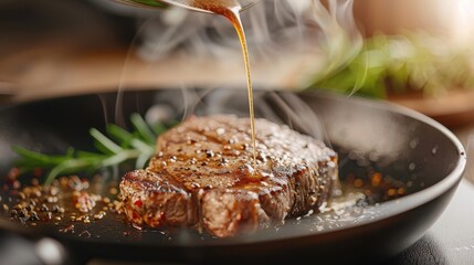 Sizzling pan with black pepper sauce being poured over steak.