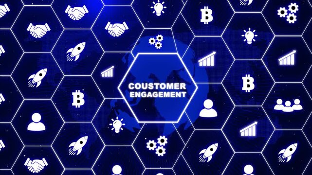  The business, Technology, Internet and network concept. Shows the inscription: CUSTOMER ENGAGEMENT. glowing connections in different places on the map.