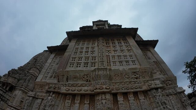 Architectural Detail of Meera Temple&rsquo;s Carved Wall Featuring Mythological Reliefs in Chittorgarh