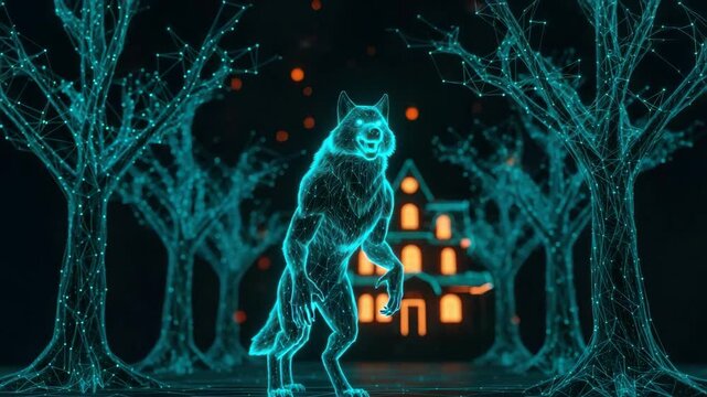 A glowing holographic wolf stands menacingly in a dark enchanted forest with a mysterious illuminated house in the background creating a captivating and eerie atmosphere