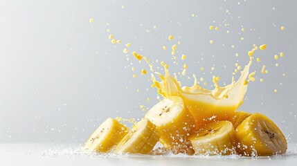 Banana juice splashing in mid-air, highlighting its smooth yellow color against a clean white backdrop.