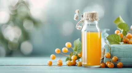 Stylish glass bottle of cloudberry juice with whole cloudberries, presenting a premium and natural appearance for high-end displays.
