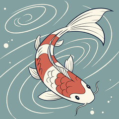 Red Koi Fish and Flowing Ribbons - Vector Illustration
