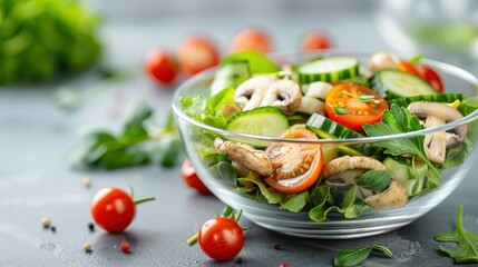 Fresh Oyster Mushroom Salad with Lemon Dressing: Crisp salad with oyster mushrooms, cherry tomatoes, cucumbers, and a tangy lemon dressing.