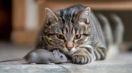 Tabby Cat Observing Mouse Indoors
