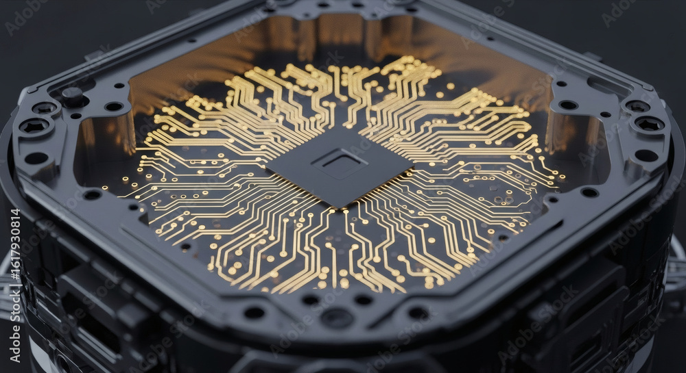Fototapete a detailed macro view of a powerful computer processor with glowing, intricate golden circuitry.