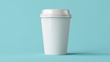 Minimalist white coffee cup on blue background. Artificial intelligence image