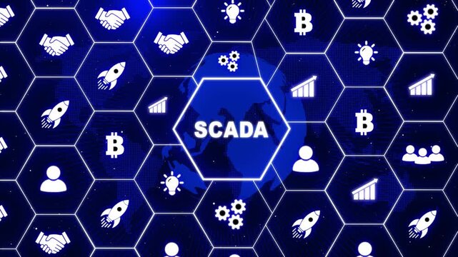  The system Supervisory Control And Data Acquisition technology concept. SCADA. glowing connections in different places on the map.