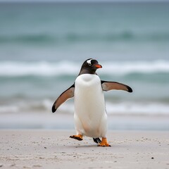 Gentoo penguin standing on a sandy beach, wings outstretched and one leg raised. penguin has a black head, white belly, orange feet. King Penguin Aptenodytes patagonicus Chicks in Creche in the rain.