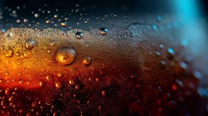 Close-up of ice-cold beverage with bubbles and red lighting. Artificial intelligence image