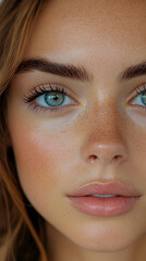 Fototapeta premium Captivating close-up of a youthful female face, highlighting expressive aquamarine eyes, long lashes, and natural freckles; concept of authentic beauty, for print media.