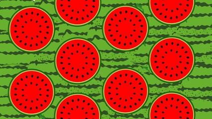 Seamless graphic art of red watermelon cross-sections with black seeds, a fun and fresh fruit pattern for summer designs.