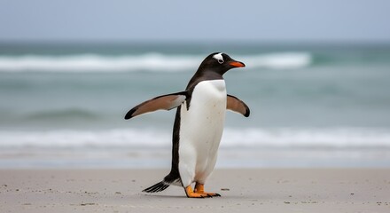 Gentoo penguin standing on a sandy beach, wings outstretched and one leg raised. penguin has a black head, white belly, orange feet. King Penguin Aptenodytes patagonicus Chicks in Creche in the rain.