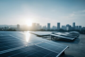 Fototapeta premium Solar Panels Reflecting Morning Light Over Urban Skyline with Rising Sun