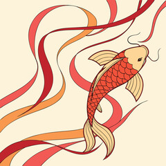 Red Koi Fish and Flowing Ribbons - Vector Illustration