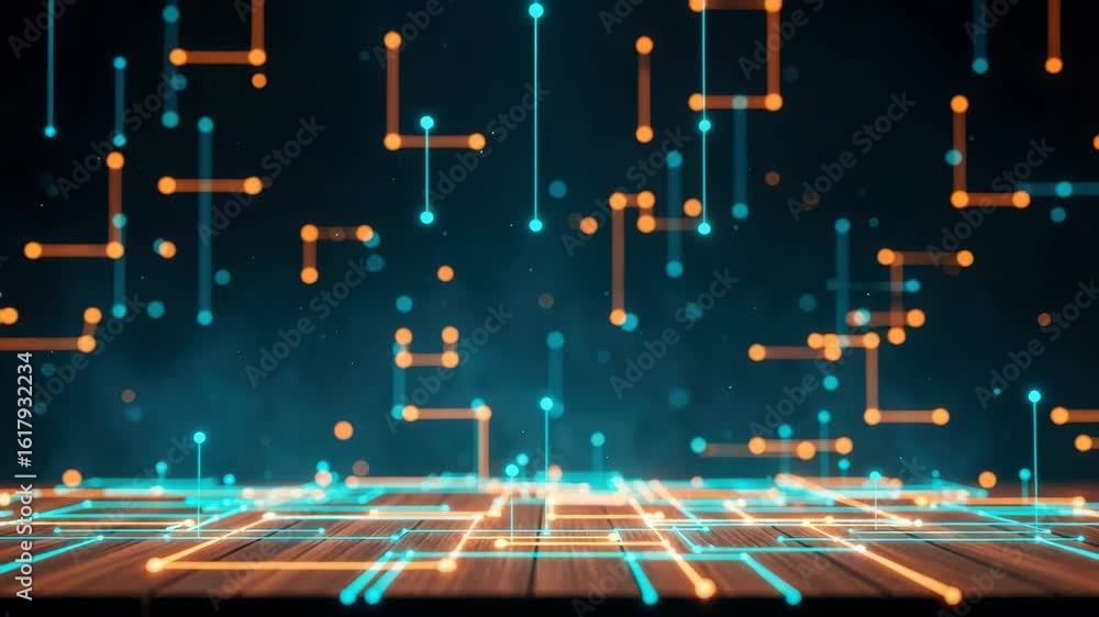 Poster a vibrant digital abstract background featuring interconnected lines and nodes in orange and blue hu
