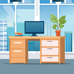 Minimalist Close-Up of Office Desk with Small Green Plant – Modern Workspace Aesthetic with Natural Touch, Featuring Clean Desk, Stationery, and Indoor Plant Decor for Productivity