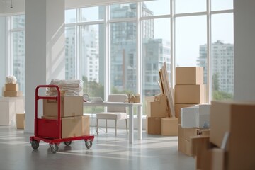 Sunlit office space with moving boxes and furniture
