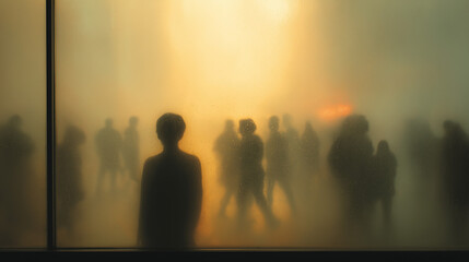 Silhouettes behind fogged glass, one person alone in foreground