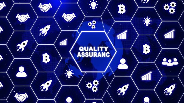  The business, Technology, Internet and network concept. Quality Assurance service guarantee standard ,glowing connections in different places on the map...