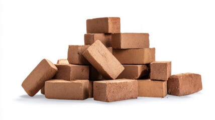 Pile of red bricks on white background. Artificial intelligence image