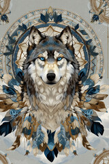 Decorative Wolf Illustration with Mandala and Feathers

