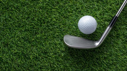 Golf club and ball on lush green grass. Artificial intelligence image
