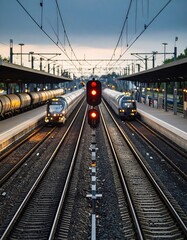 Railway tracks with trains and signals